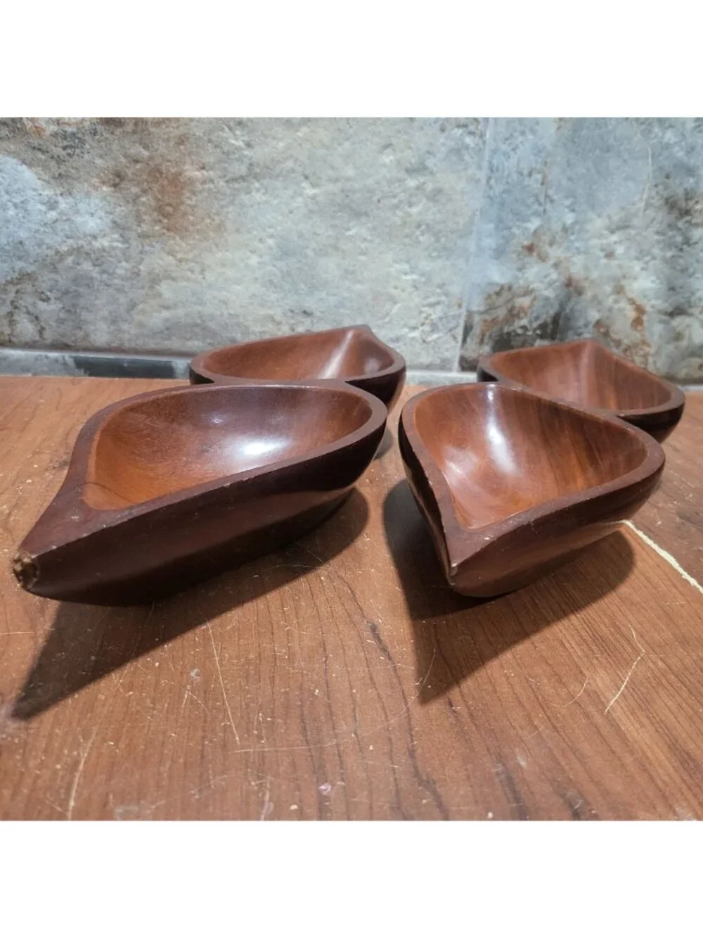 Vintage MCM Monkey Pod Wood 2 Compartment Divided Serving Dish Tray Set of 2